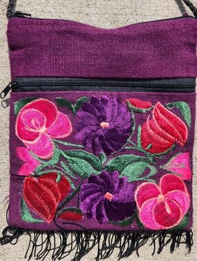 Boho Embroidered Crossbody Bag Purple Floral Fringe Festival Artisan